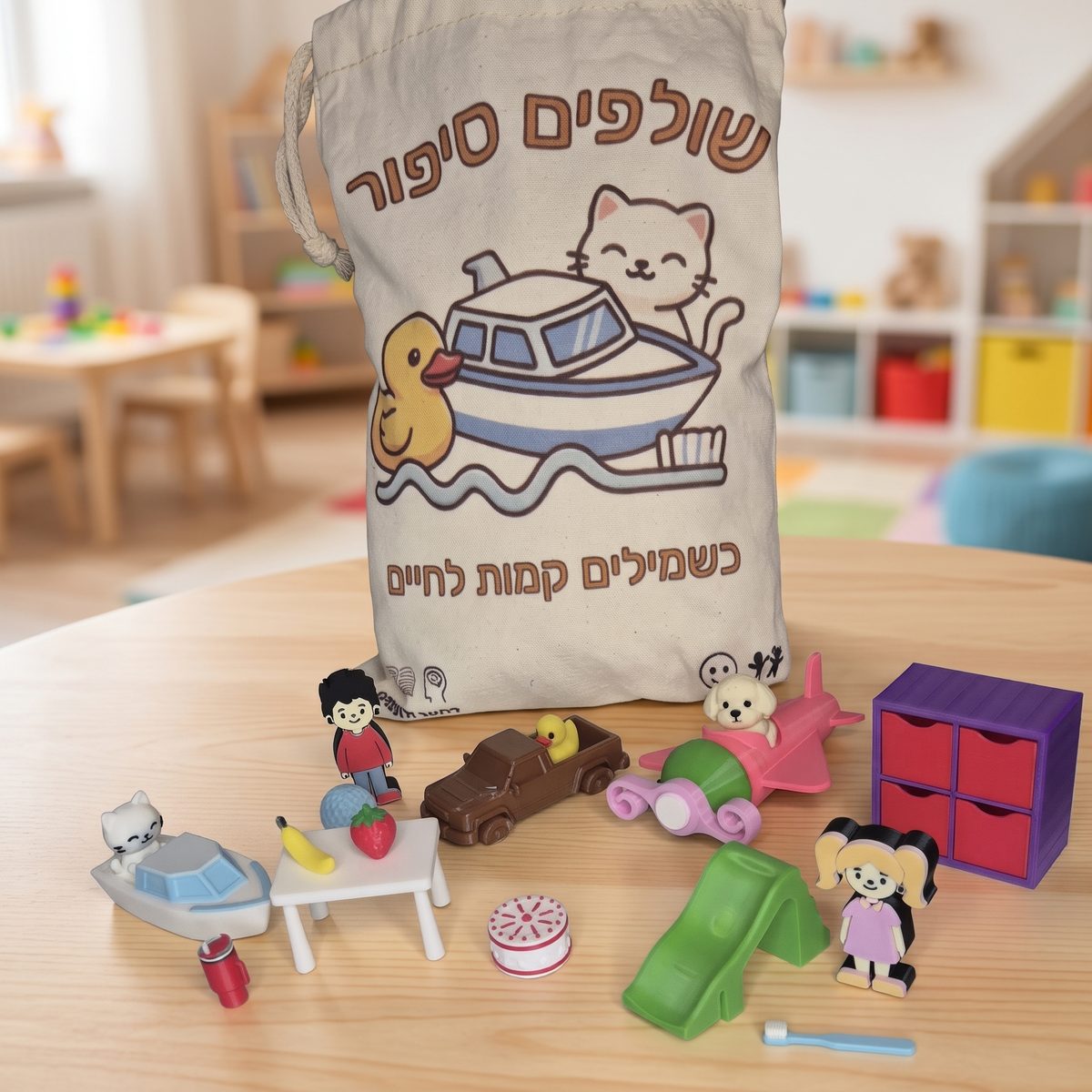 ערכת שולפים סיפור: שקית בד ומיניאטורות על שולחן בחדר טיפול