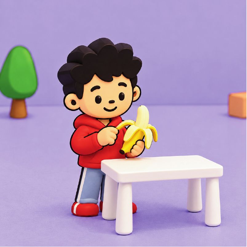 אחר כך הילד מקלף את הבננה